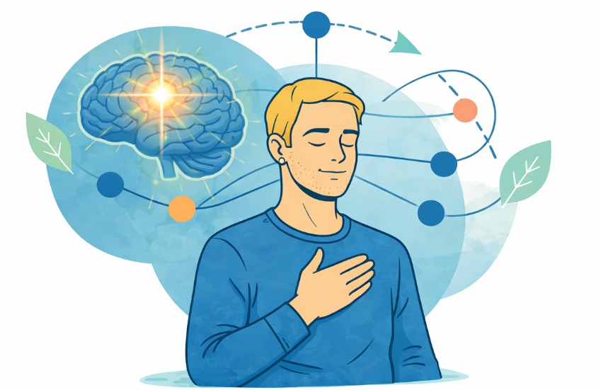 Illustration eines Mannes mit geschlossenen Augen, der die Hand auf die Brust legt, während er in Selbsthypnose geht. Im Hintergrund ist ein ein leuchtendes Gehirn dargestellt.