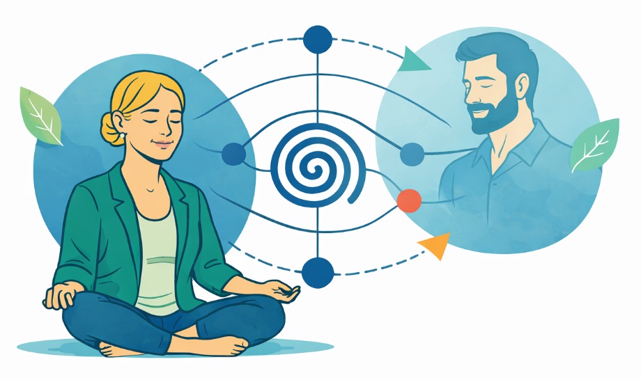 Illustration einer meditativen Frau die Selbsthypnose betreibt und einem Mann, umgeben von spiralförmigen Linien und Pfeilen, die Verbindung darstellen.