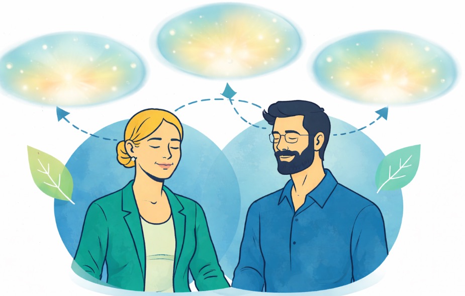 Zwei entspannte Personen mit geschlossenen Augen bei einer Selbsthypnose, verbunden durch symbolische Gedankenblasen und grafische Elemente im modernen Illustrationsstil