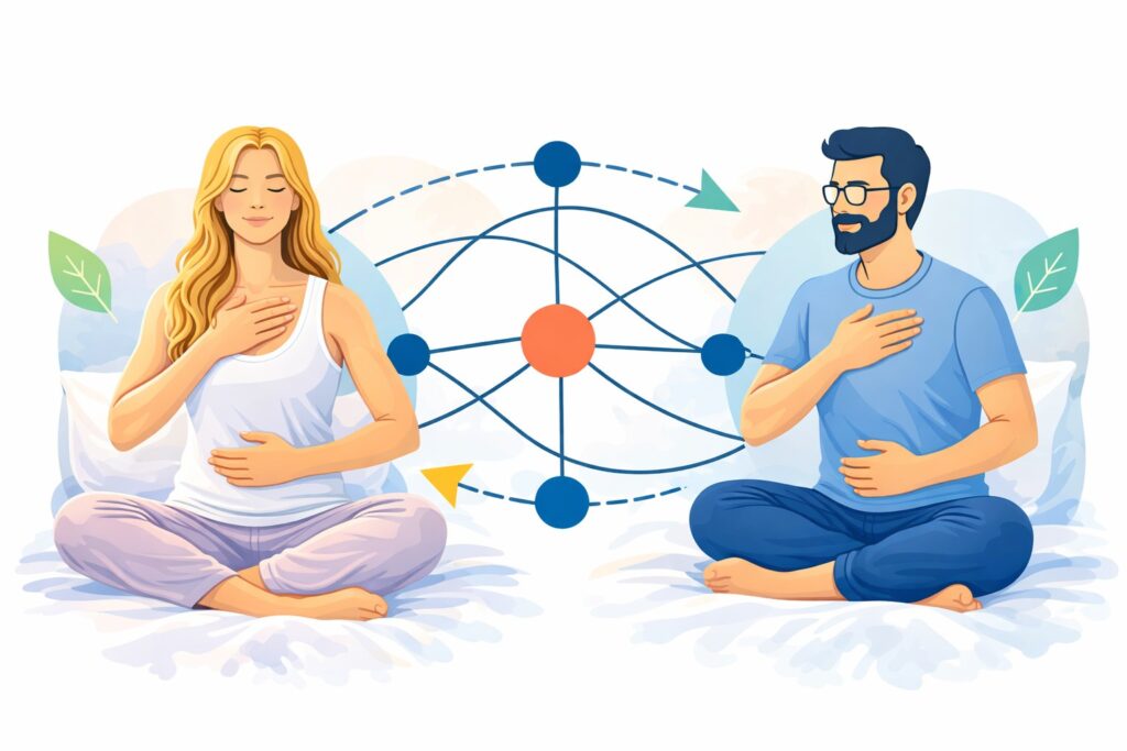 Vektor-Illustration von Atemmeditation mit Frau und Mann im modernen flächigen Stil