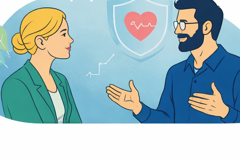 Illustration eines Gesprächs zwischen einem Mann mit Brille und einer Frau, beide in professioneller Kleidung, vor einem Hintergrund mit Herzsymbol und Diagrammen.
