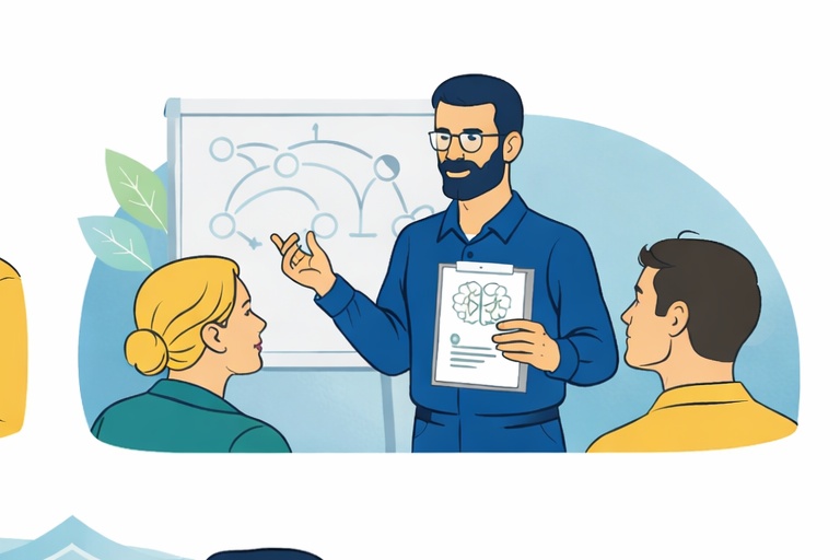 Ein Mann mit Brille und Bart präsentiert Informationen auf einem Tablet und erklärt ein Diagramm während einer Schulungssitzung.