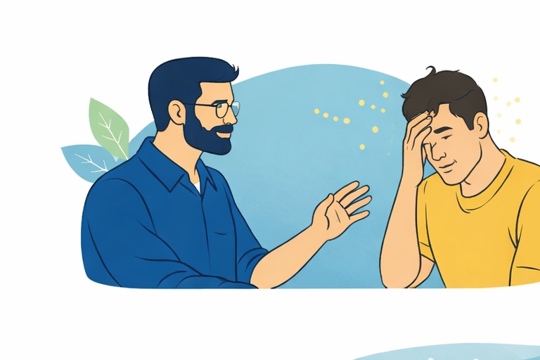 Therapeut spricht beruhigend mit emotionalem Klienten während einer professionellen Hypnoseausbildung