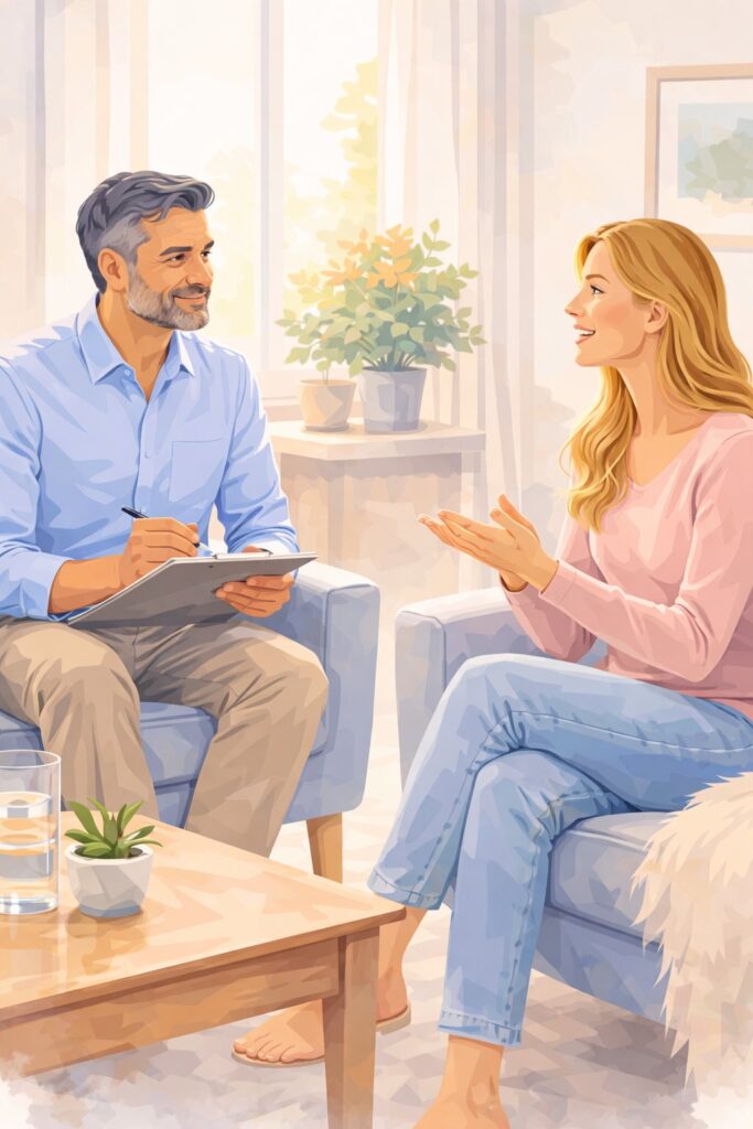 Therapeutisches Gespräch zwischen Hypnosetherapeut und Patientin in heller, ruhiger Praxisumgebung