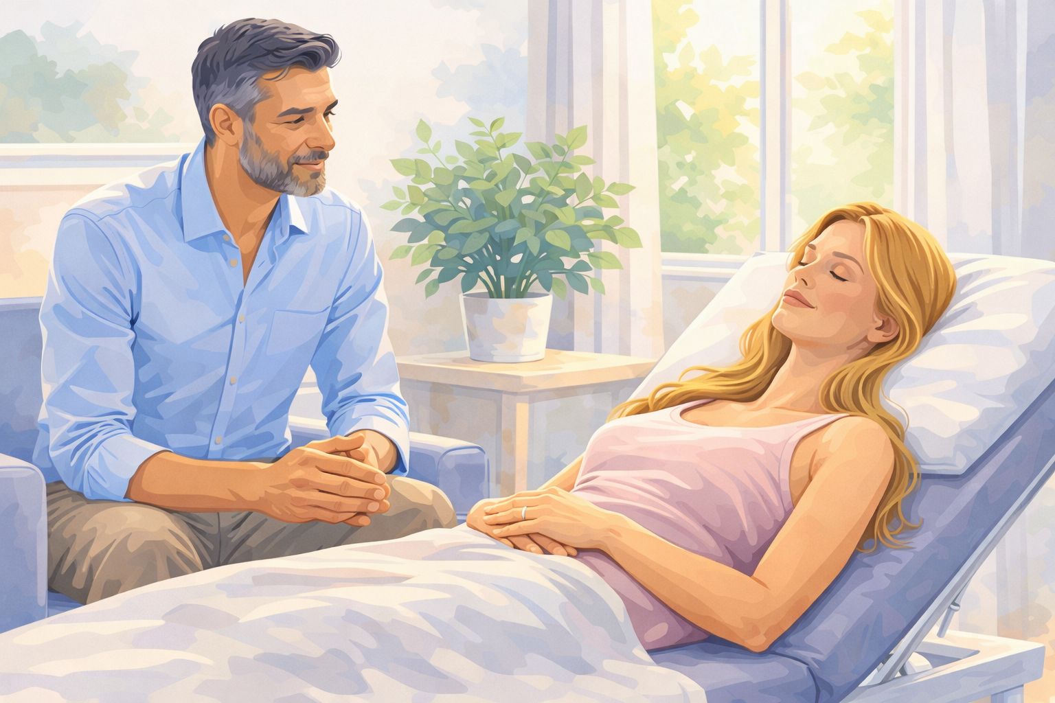 Illustration einer Hypnose-Therapiesitzung mit Therapeut und entspannter Patientin im modernen Vektor-Stil