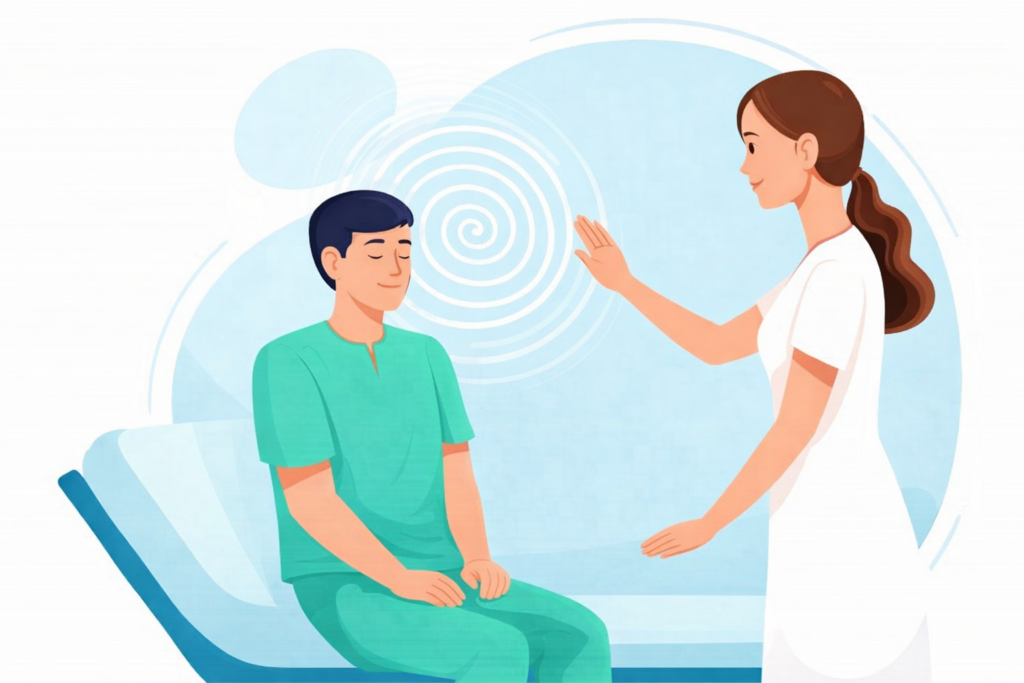 Angstpatient wird durch Hypnose entspannt behandelt in einer ruhigen medizinischen Umgebung