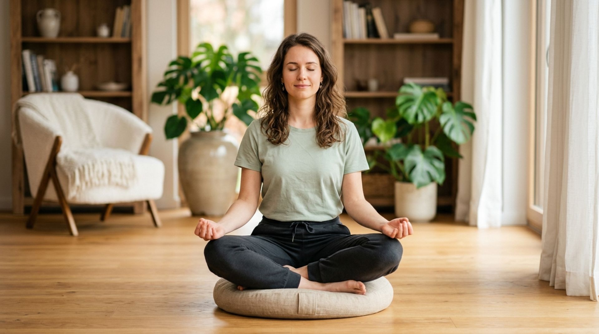 Junge Frau in hellgrünem T-Shirt meditiert auf einem runden, hellen Meditationskissen auf Holzboden in einem gemütlichen Raum mit Holzakzenten und Grünpflanze.