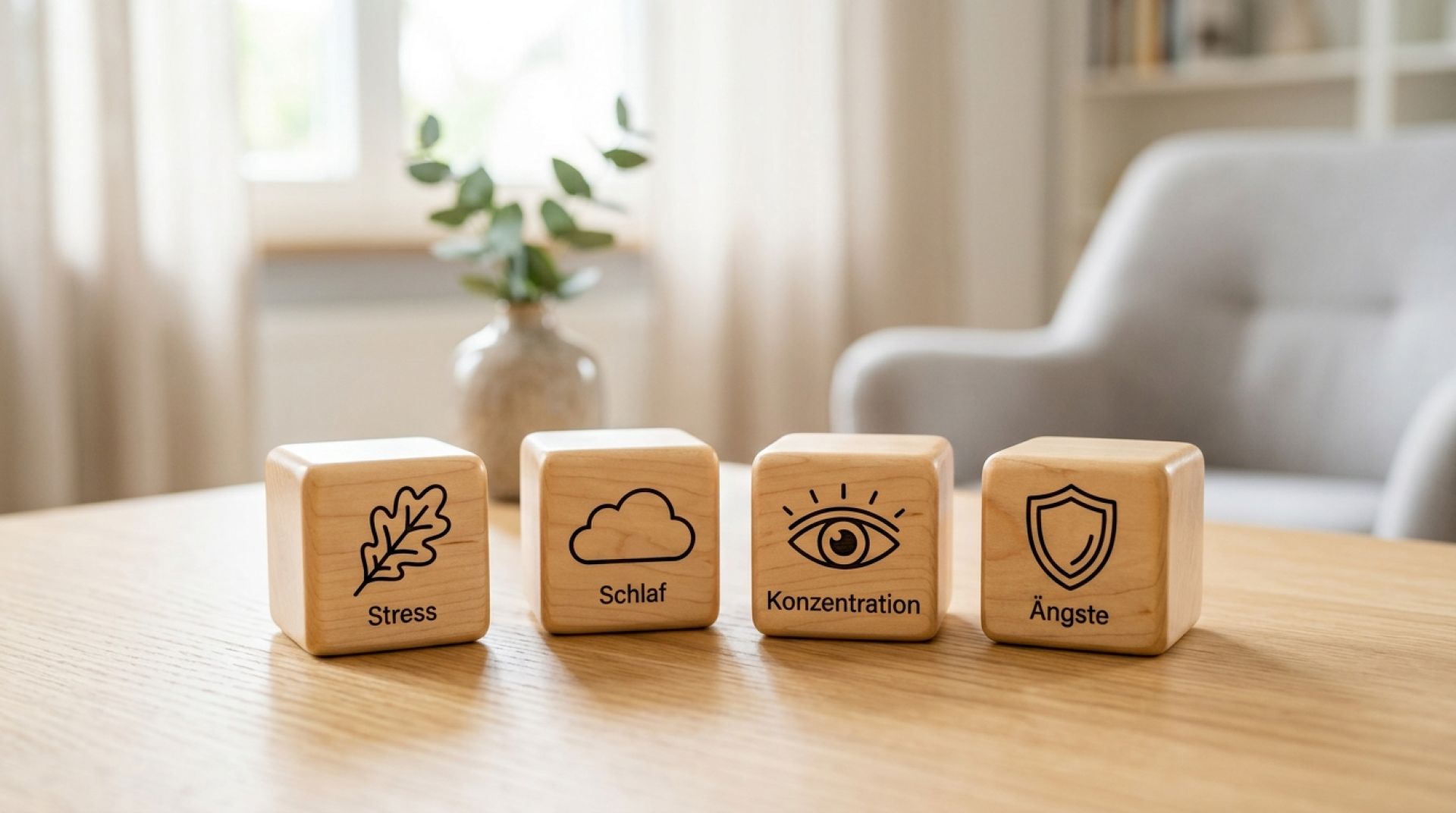 Vier Holzwürfel mit Icons für Stress, Schlaf, Konzentration und Ängste auf einem Holztisch.