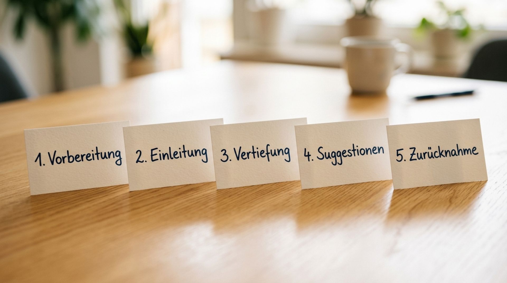 Fünf handbeschriftete Karten mit den Schritten der Selbsthypnose-Anleitung auf einem Holztisch.