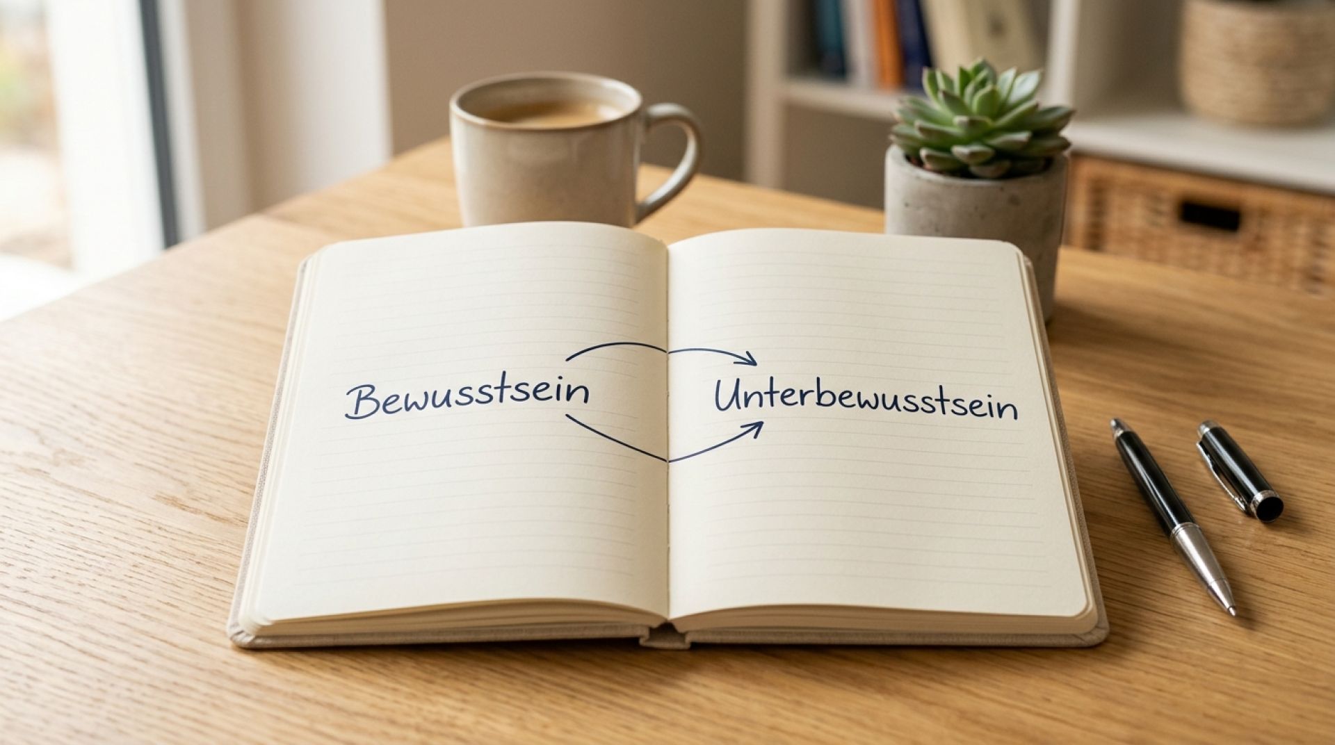 Offenes Notizbuch mit den Wörtern 'Bewusstsein' und 'Unterbewusstsein', verbunden durch einen Pfeil.