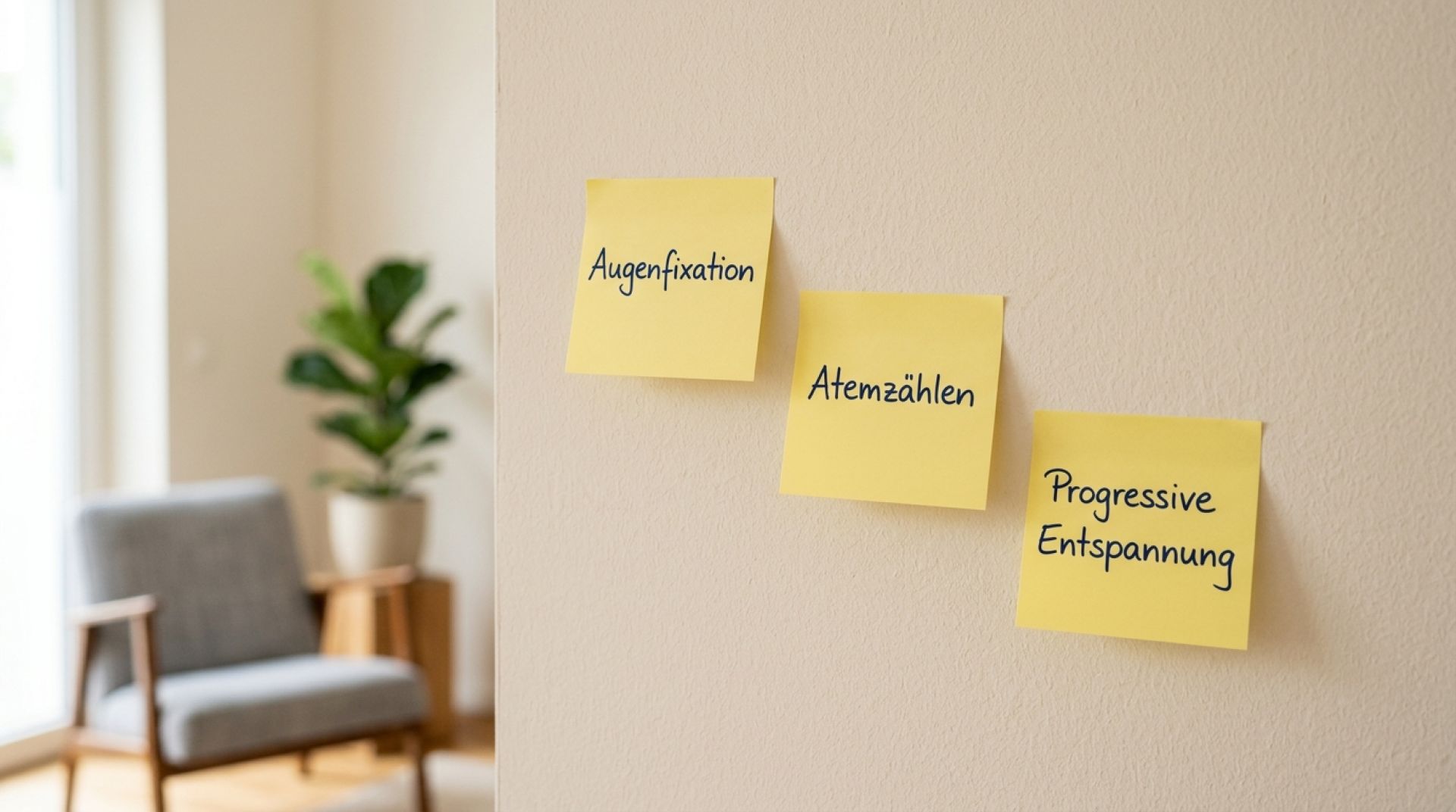 Drei Post-its mit den Techniken 'Augenfixation', 'Atemzählen' und 'Progressive Entspannung' an einer Wand.