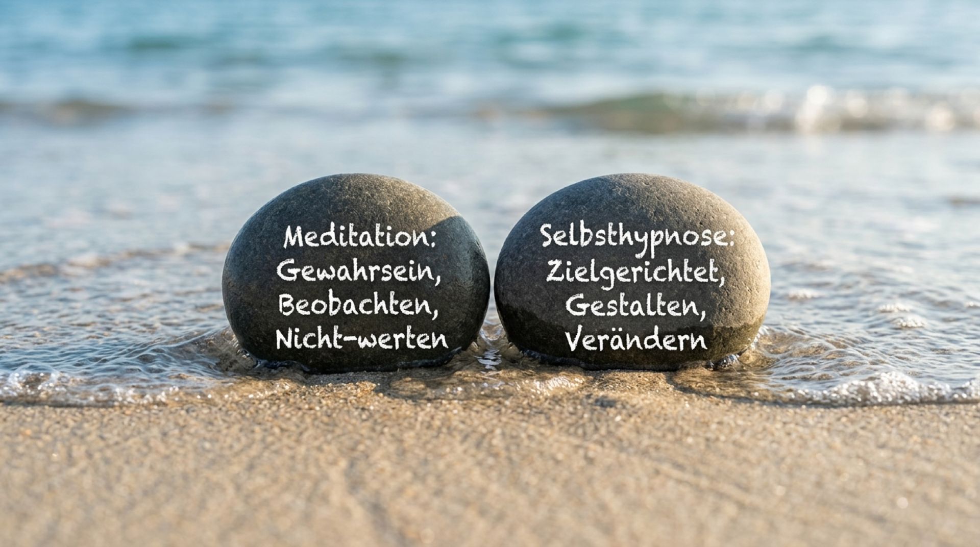 Zwei runde, graue Steine mit weißer Kreideschrift ('Meditation' und 'Selbsthypnose') liegen im nassen Sand am Meer, umspült von einer leichten Welle, aus der Vogelperspektive fotografiert.
